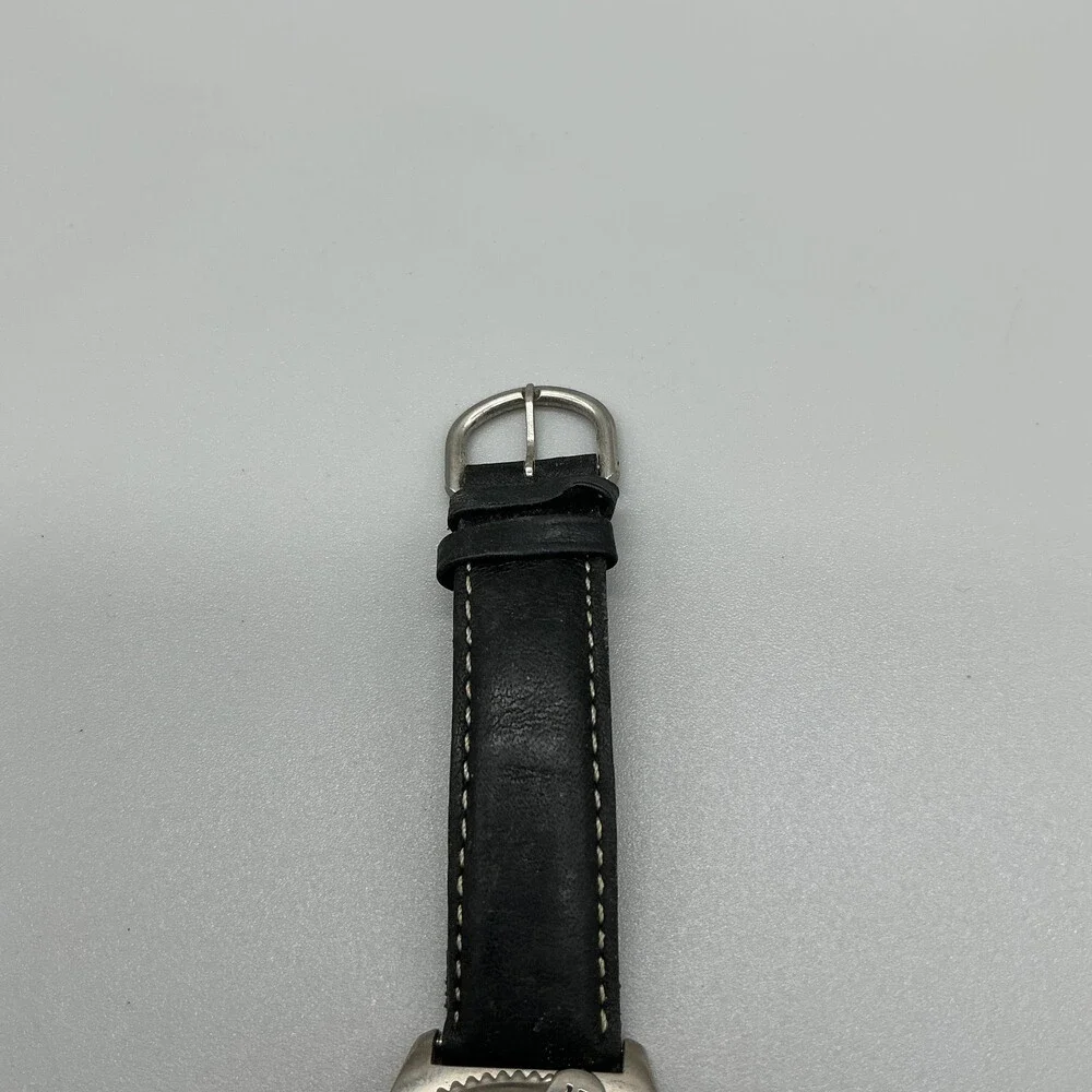 Vintage Guess Mens Watch 38mm Black Dial Silver Tone Leather Band New Battery